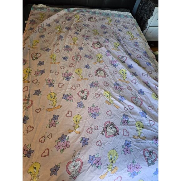 Vintage 90s 1996 Looney Tunes Pink Hearts Valentines Twin Sheet Set Tweety Tasma - Picture 15 of 16